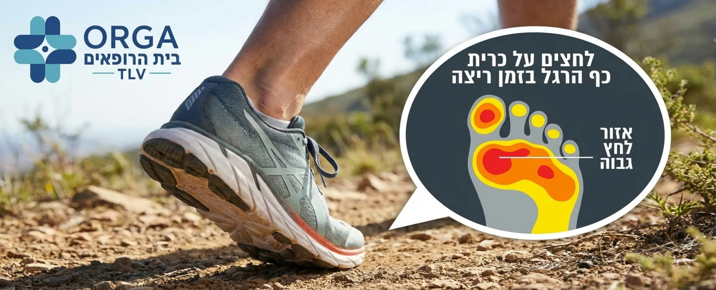תמונה הממחישה רגל של אצן בתוך נעל ריצה, עם הדגשה גרפית (זום-אין) לאזור הכרית הקדמית של כף הרגל והלחצים המופעלים עליה בזמן ריצה