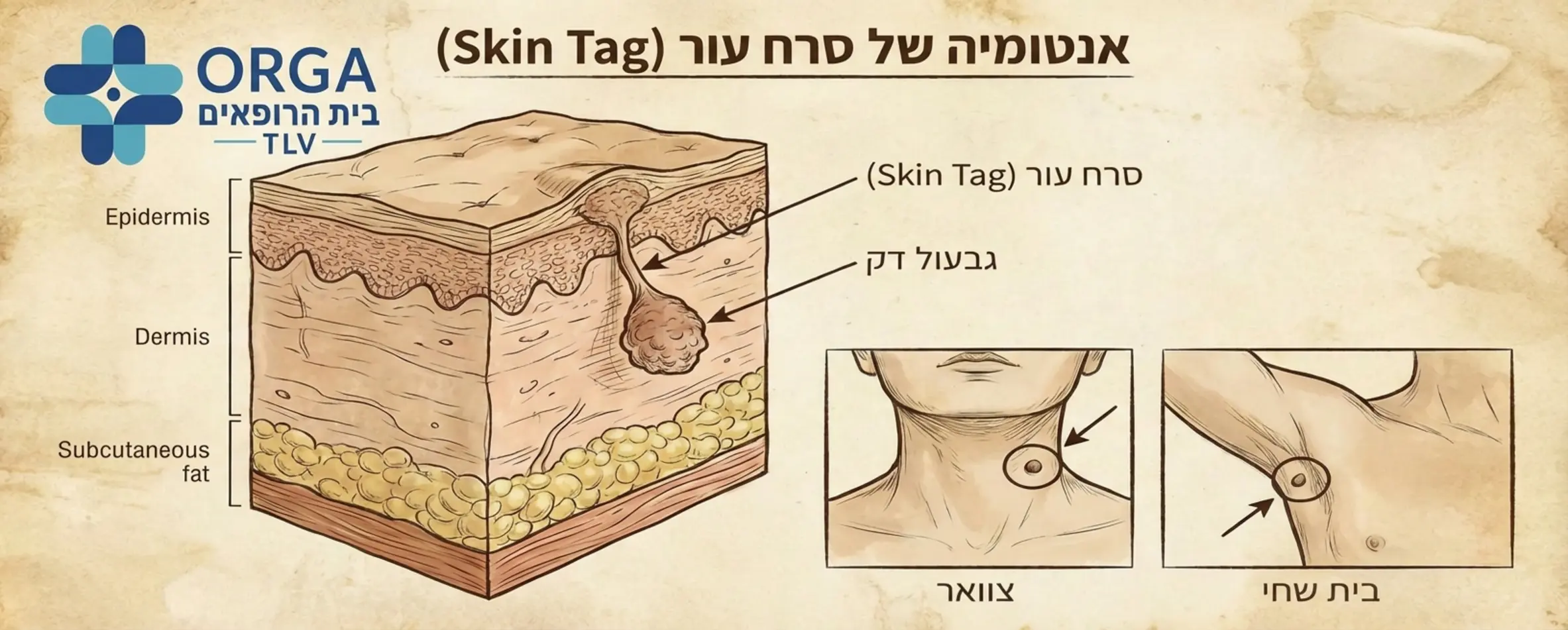 איור רפואי המדגים את מבנה העור וסרח עור (Skin Tag) המחובר אליו על ידי גבעול דק, עם הסבר ויזואלי על מיקומים נפוצים כמו צוואר ובית שחי