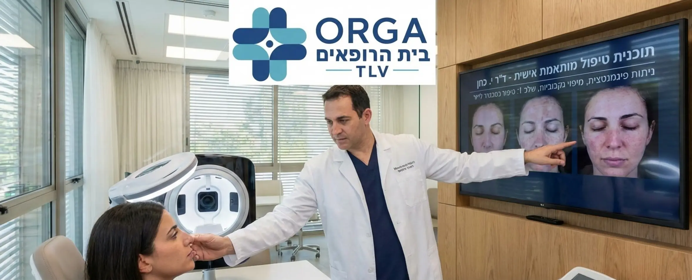 רופא מומחה בוחן את עור הפנים של מטופלת בקליניקה מודרנית באמצעות מנורת אבחון מתקדמת, תוך כדי הסבר על תוכנית הטיפול המותאמת אישית מול מסך המציג הדמיות של העור