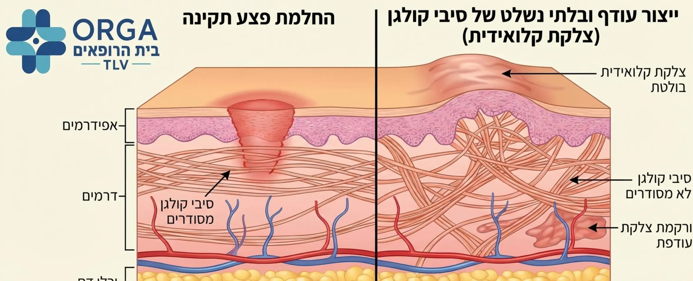 אינפוגרפיקה מפורטת המציגה חתך רוחב של העור ומדגימה את ההבדל בין החלמת פצע תקינה לבין ייצור עודף ובלתי נשלט של סיבי קולגן היוצרים צלקת קלואידית בולטת