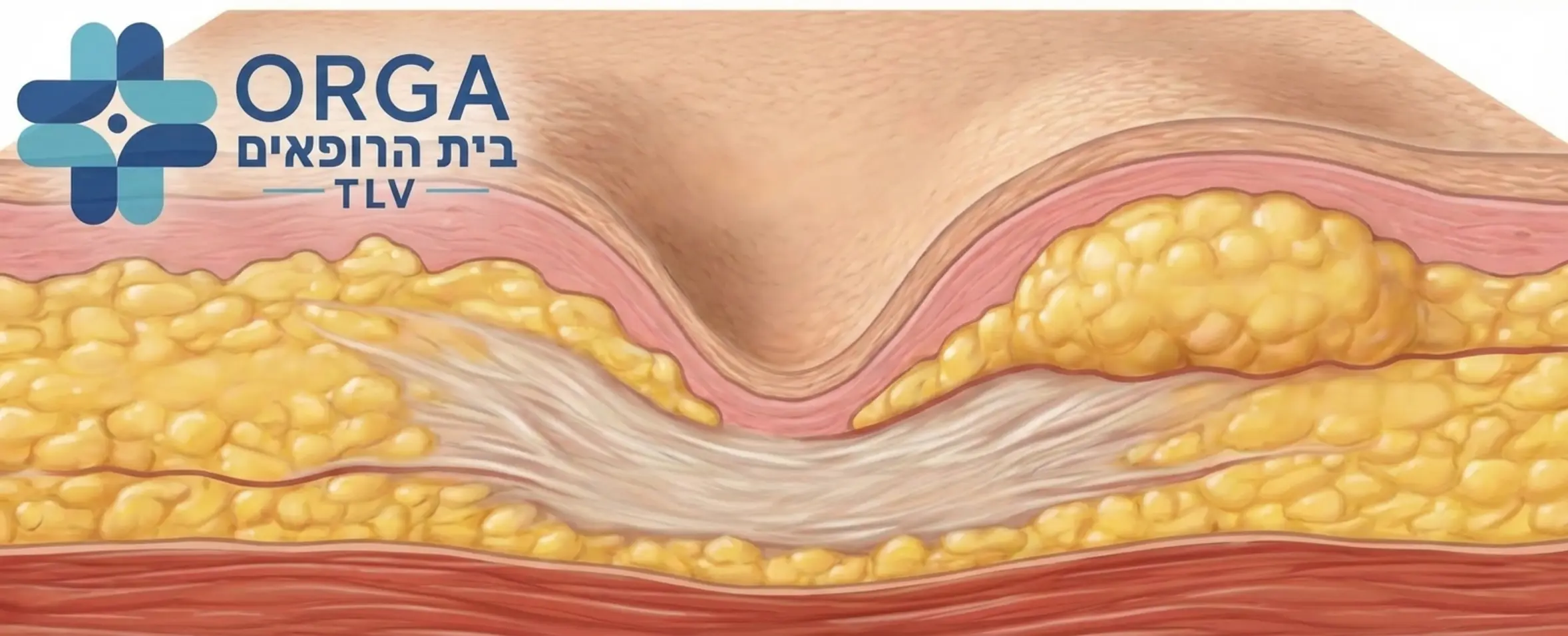 אינפוגרפיקה המציגה את חתך הרוחב של העור באזור הבטן לאחר ניתוח קיסרי ומדגימה באופן ברור כיצד הרקמה הצלקתית מושכת את העור כלפי פנים ויוצרת את תופעת המדרגה של שכבת השומן מעל קו החתך