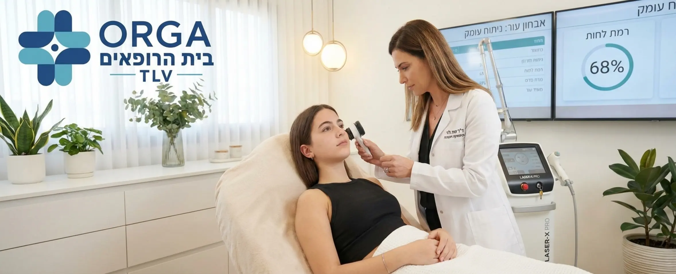 תמונה של חדר טיפולים מתקדם ונקי במרכז אסתטיקה. מטפלת מקצועית בוחנת מקרוב אזור בעור של מטופלת צעירה, ברקע נראה מכשור לייזר רפואי מודרני מסכים דיגיטליים המקרינים נתונים, אווירה של רוגע וביטחון