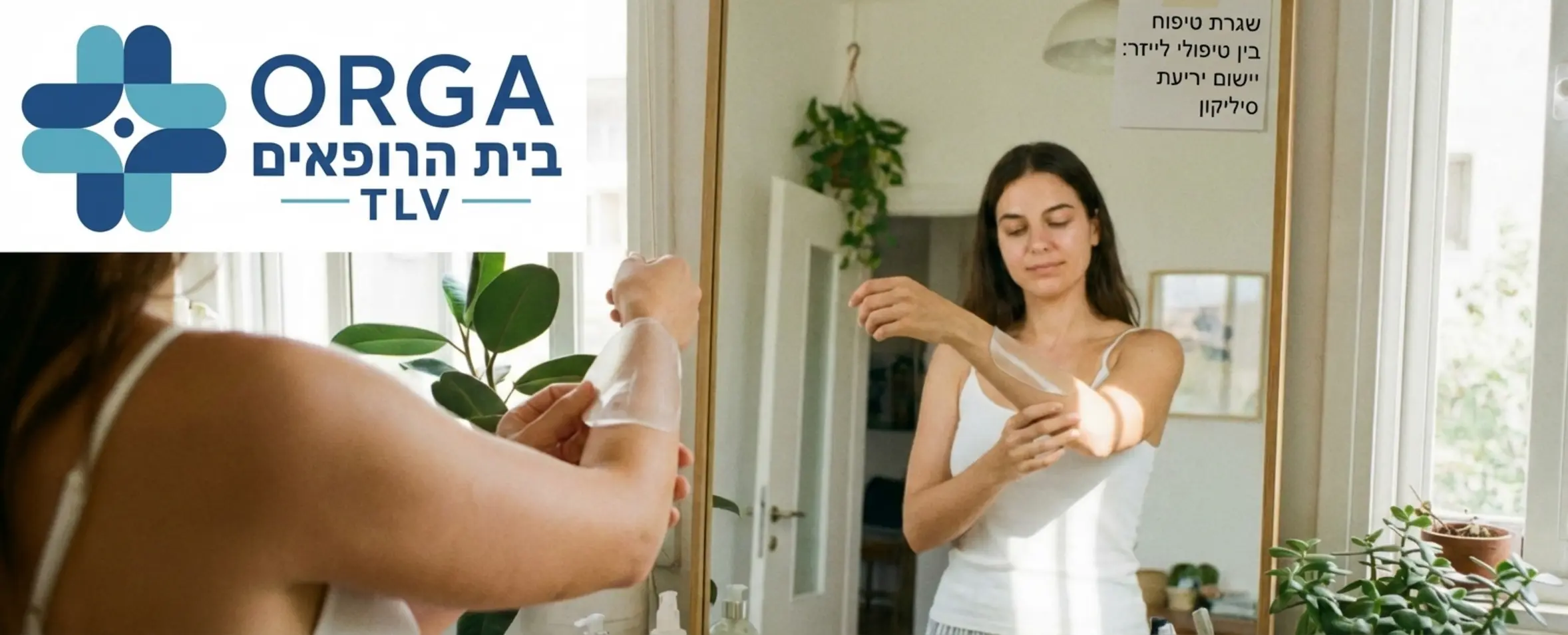 מטופלת בביתה עומדת מול מראה בחדר מואר ומניחה בעדינות יריעת סיליקון שקופה על זרועה כחלק משגרת הטיפוח היומית שלה בין טיפולי הלייזר
