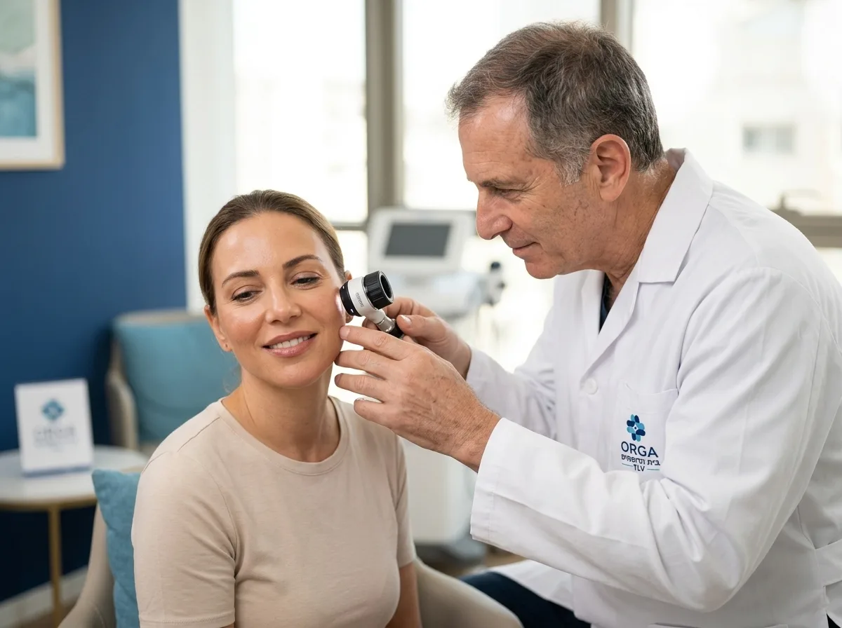 צילום מקצועי פוטו-ריאליסטי של רופא עור מאבחן את עור הפנים של מטופלת באמצעות מכשיר דרמטוסקופ בקליניקה רפואית מוארת ואסתטית, פוקוס חד על פני המטופלת והמכשור, תאורה טבעית רכה, עומק שדה רדוד שמבליט את המקצועיות.