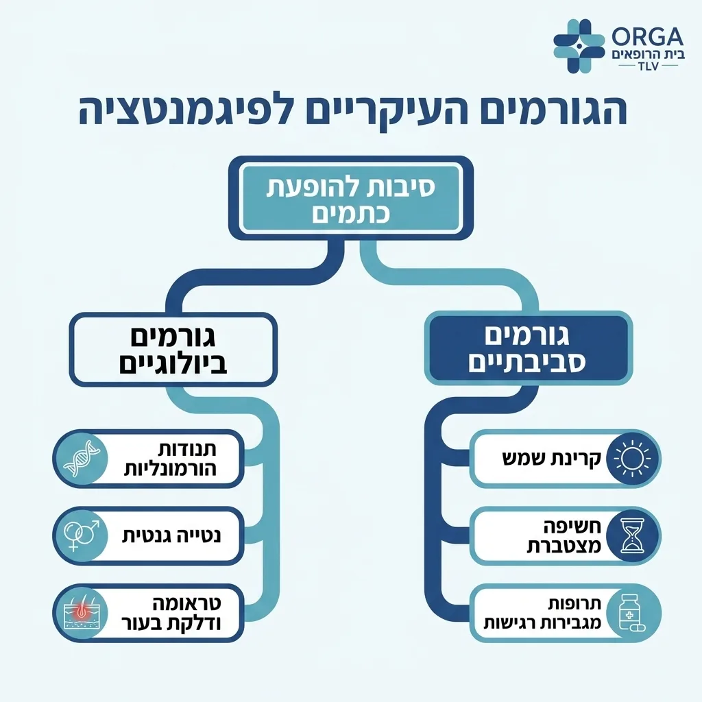 אינפוגרפיקה — הגורמים העיקריים לפיגמנטציה: סיבות להופעת כתמים