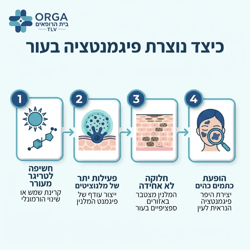 אינפוגרפיקה — כיצד נוצרת פיגמנטציה בעור: חשיפה לטריגר מעורר, פעילות יתר של מלנוציטים, חלוקה לא אחידה, הופעת כתמים כהים