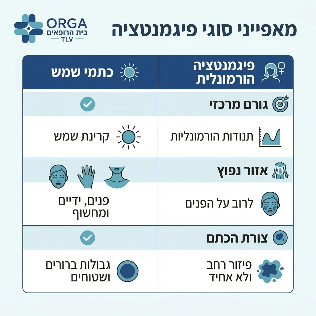 אינפוגרפיקה — מאפייני סוגי פיגמנטציה: השוואה בין כתמי שמש, פיגמנטציה הורמונלית