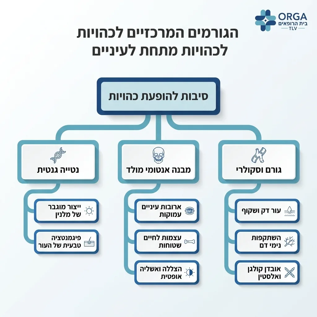 אינפוגרפיקה — הגורמים המרכזיים לכהויות מתחת לעיניים: סיבות להופעת כהויות