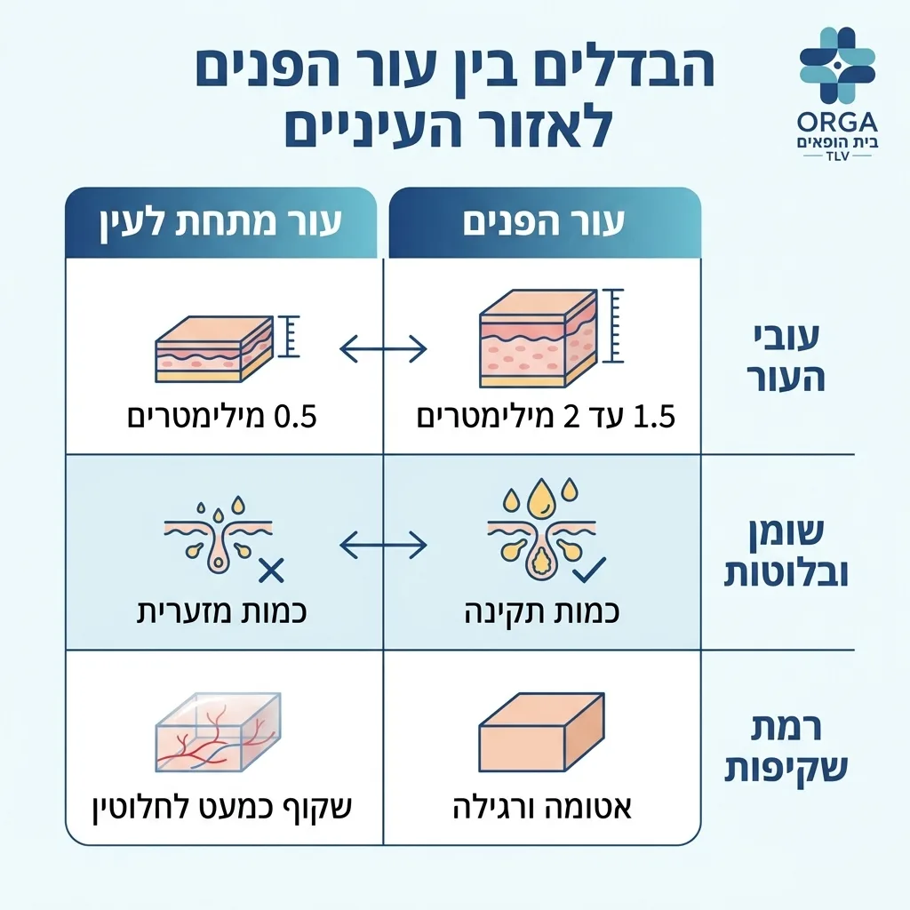 אינפוגרפיקה — הבדלים בין עור הפנים לאזור העיניים: השוואה בין עור מתחת לעין, עור הפנים