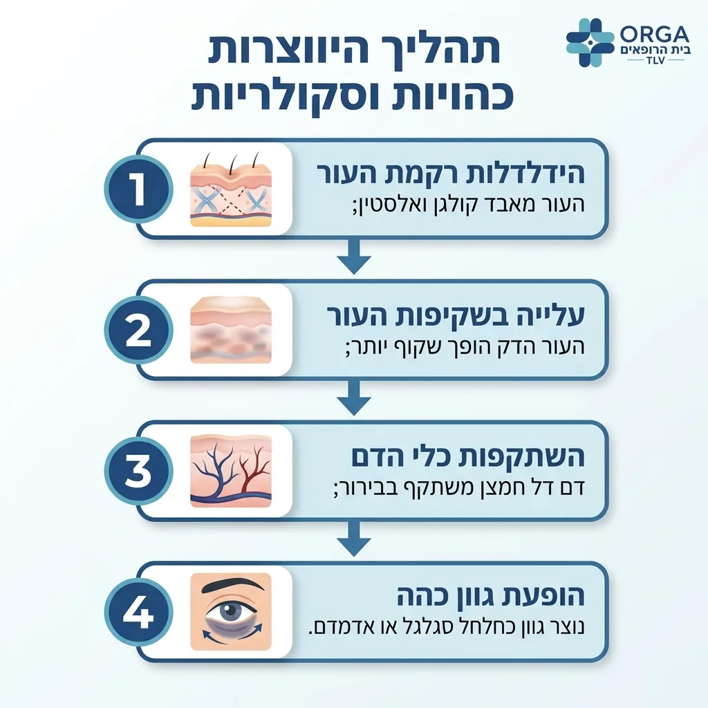 אינפוגרפיקה — תהליך היווצרות כהויות וסקולריות: הידלדלות רקמת העור, עלייה בשקיפות העור, השתקפות כלי הדם, הופעת גוון כהה