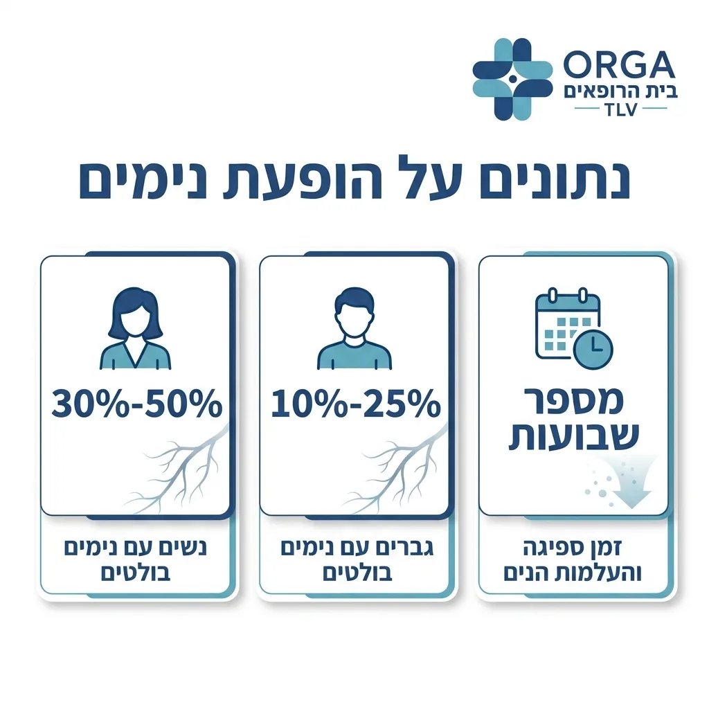 אינפוגרפיקה — נתונים על הופעת נימים: נשים עם נימים בולטים, גברים עם נימים בולטים, זמן ספיגה והעלמות הנים