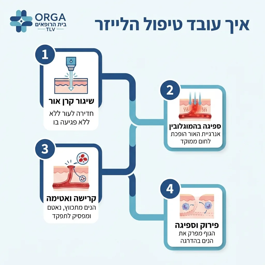 אינפוגרפיקה — איך עובד טיפול הלייזר: שיגור קרן אור, ספיגה בהמוגלובין, קרישה ואטימה, פירוק וספיגה
