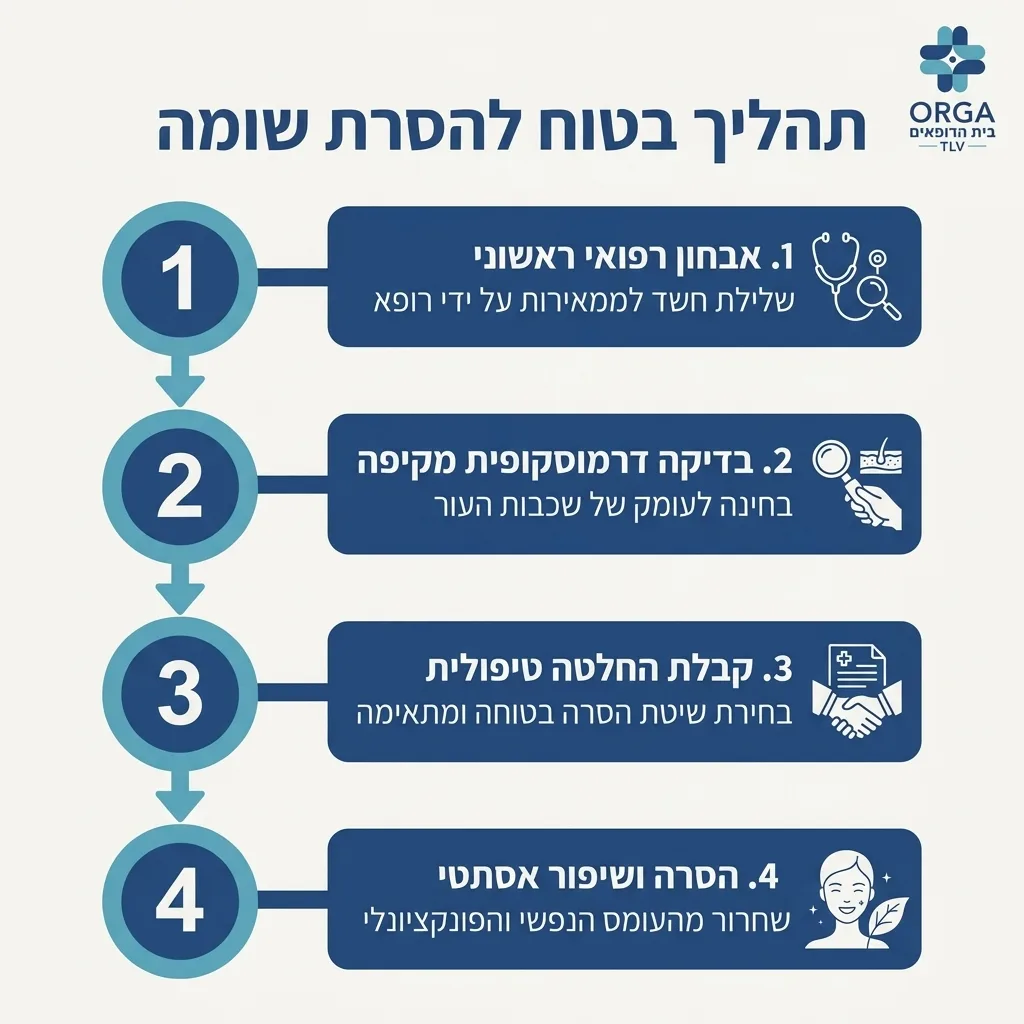אינפוגרפיקה — תהליך בטוח להסרת שומה: אבחון רפואי ראשוני, בדיקה דרמוסקופית מקיפה, קבלת החלטה טיפולית, הסרה ושיפור אסתטי