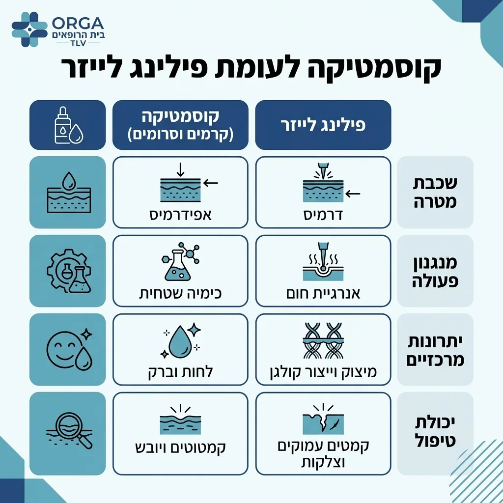 אינפוגרפיקה — קוסמטיקה לעומת פילינג לייזר: השוואה בין קרמים וסרומים, פילינג לייזר