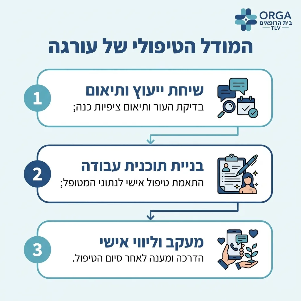 אינפוגרפיקה — המודל הטיפולי של עורגה: שיחת ייעוץ ותיאום, בניית תוכנית עבודה, מעקב וליווי אישי