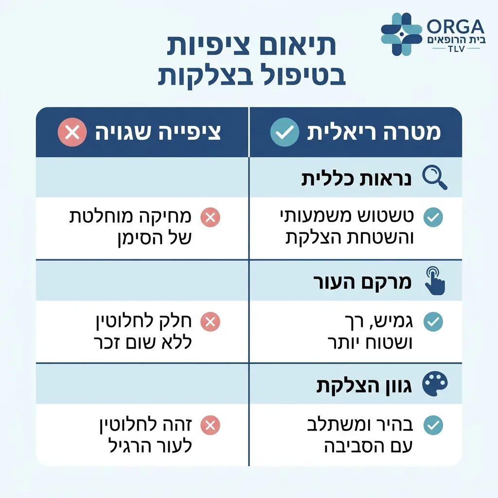 אינפוגרפיקה — תיאום ציפיות בטיפול בצלקות: השוואה בין מטרה ריאלית, ציפייה שגויה