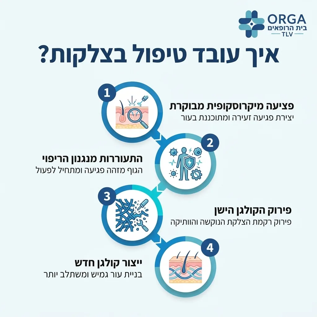 אינפוגרפיקה — איך עובד טיפול בצלקות?: פציעה מיקרוסקופית מבוקרת, התעוררות מנגנון הריפוי, פירוק הקולגן הישן, ייצור קולגן חדש