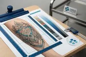 המחשה גרפית נקייה של קעקוע המחולק לפרמטרים כמו סרגל מדידה של שטח וצבעים.