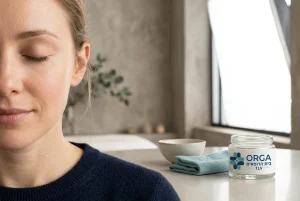 תקריב חלקי של פני אישה (אזור הלחי/מצח) במראה נקי לאחר טיפול, מדגיש קבלה ושלווה.