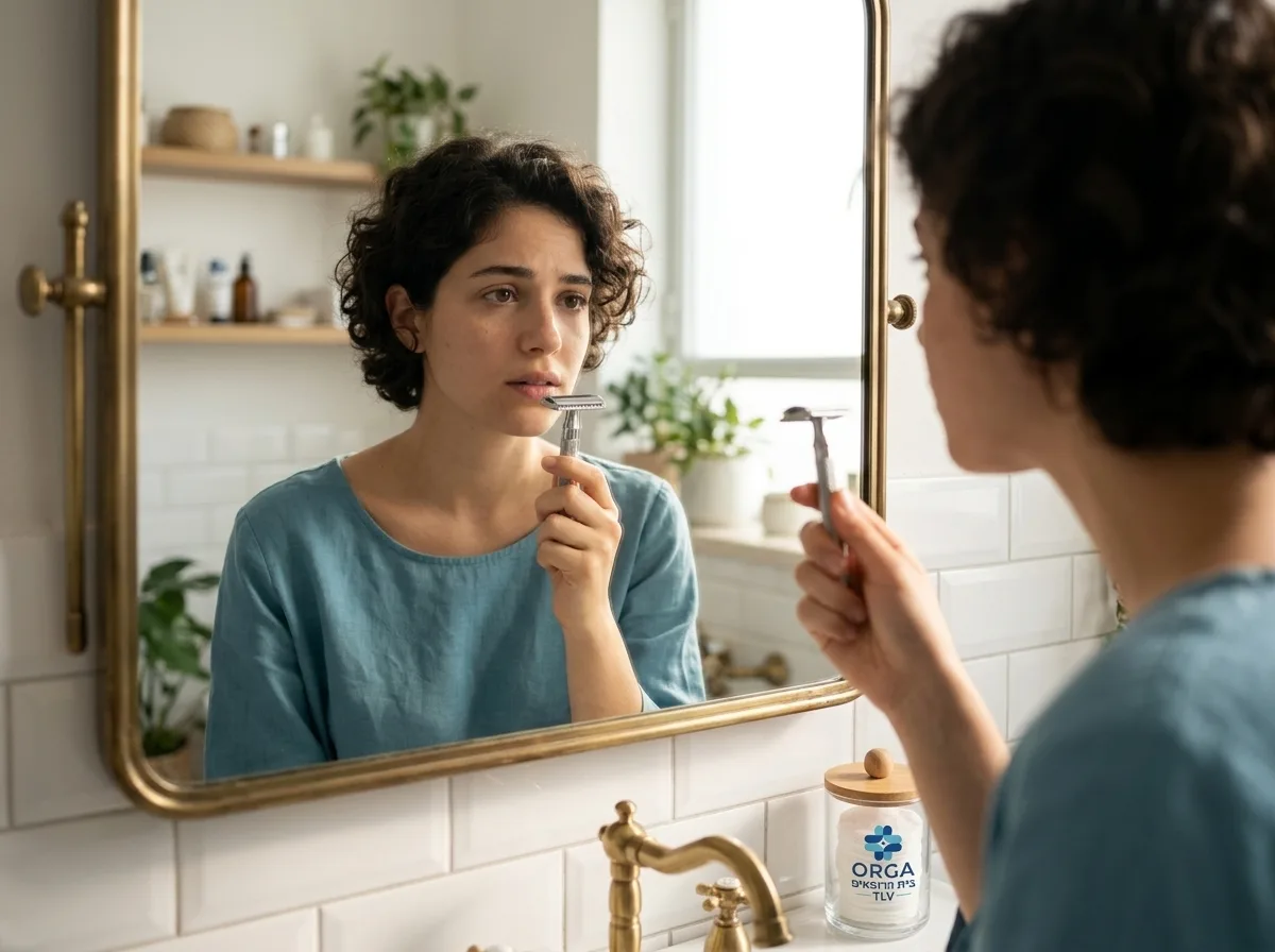 צילום תקריב של אישה מחזיקה סכין גילוח מול מראה בחדר רחצה מואר, עם מבט מהוסס, תאורה טבעית ורכה.
